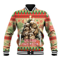 Festive Christmas baseball jacket with sloth graphic, button front, striped ribbed cuffs