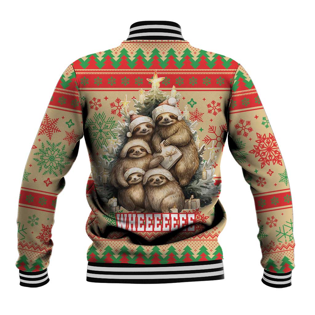 Festive Christmas baseball jacket with sloth graphic on back, ribbed striped collar