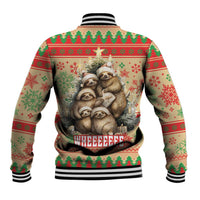 Festive Christmas baseball jacket with sloth graphic on back, ribbed striped collar