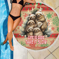 Round beach blanket with sloth family holiday print, fringe edge, “Life is good take it slow”