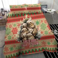 Red and green Christmas duvet set with sloth illustration and “Life Is Good Take It Slow”