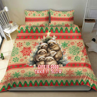 Festive sloth Christmas bedding set in red, green, and cream with bold “Life Is Good”