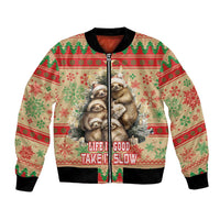Red Christmas bomber jacket with sloth graphic and LIFE IS GOOD TAKE IT SLOW text