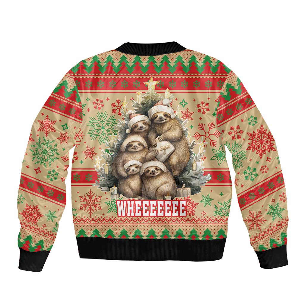 Red Christmas bomber jacket with sloth graphic and WHEE text, ribbed hem