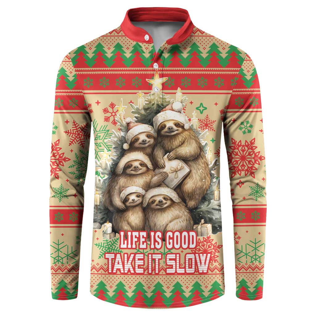 Red-collar button-up sweatshirt with sloth holiday graphic and multicolor winter pattern