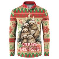 Red-collar button-up sweatshirt with sloth holiday graphic and multicolor winter pattern