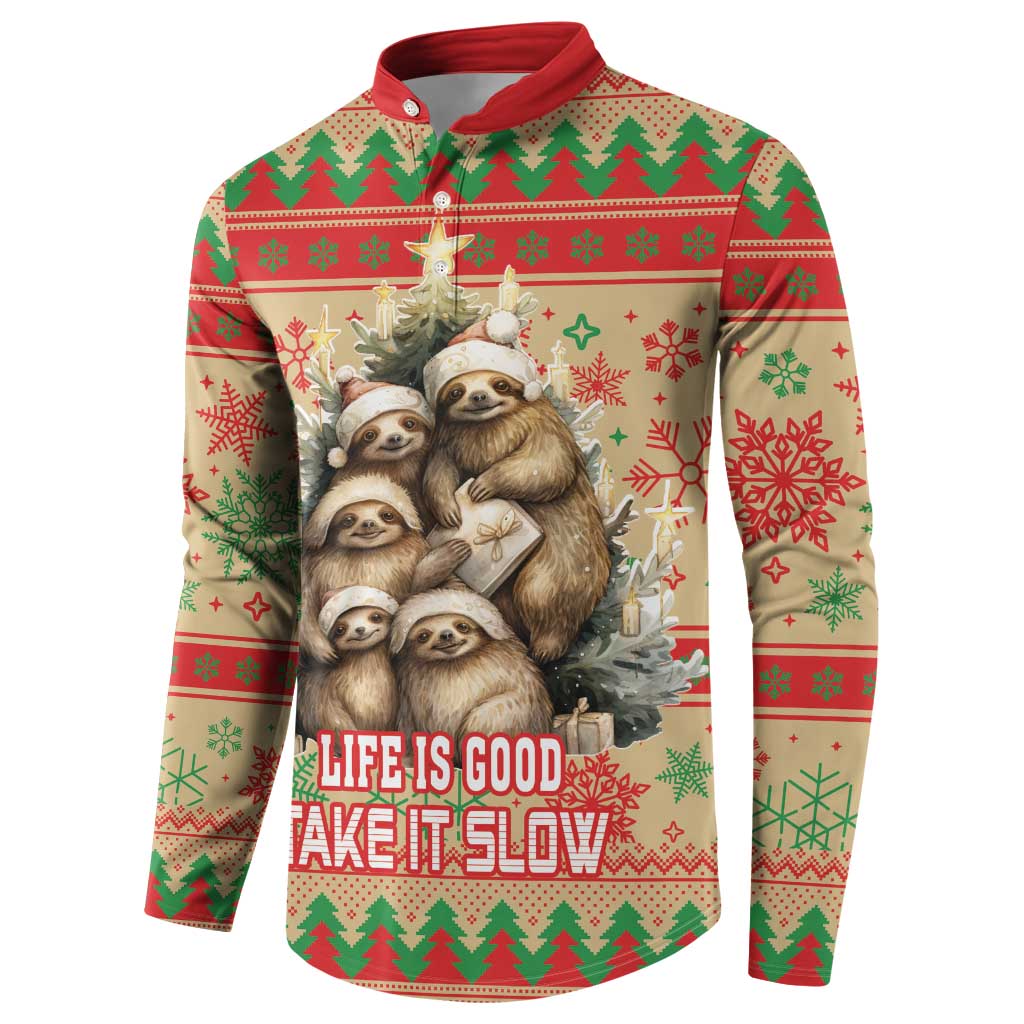 Red-collar button-up sweatshirt featuring sloth family holiday graphic and festive stripe pattern