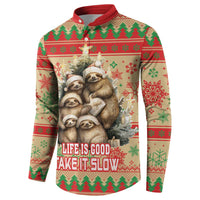 Red-collar button-up sweatshirt featuring sloth family holiday graphic and festive stripe pattern