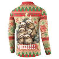 Red-collar button-up sweatshirt with sloth family graphic on back and winter pattern border