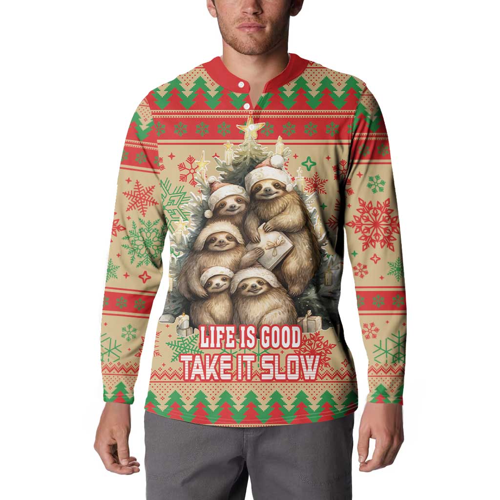 Red-collar button-up sweatshirt with sloth family holiday graphic and festive winter pattern