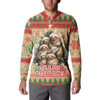 Red-collar button-up sweatshirt with sloth family holiday graphic and festive winter pattern