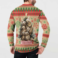 Red-collar button-up sweatshirt with sloth family graphic on back and multicolor holiday pattern