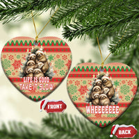 Red and green heart shaped ceramic ornament with sloths and “Life Is Good, Take It Slow”