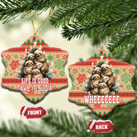 Red and green heart shaped ceramic ornament with sloths and “Life Is Good, Take It Slow”