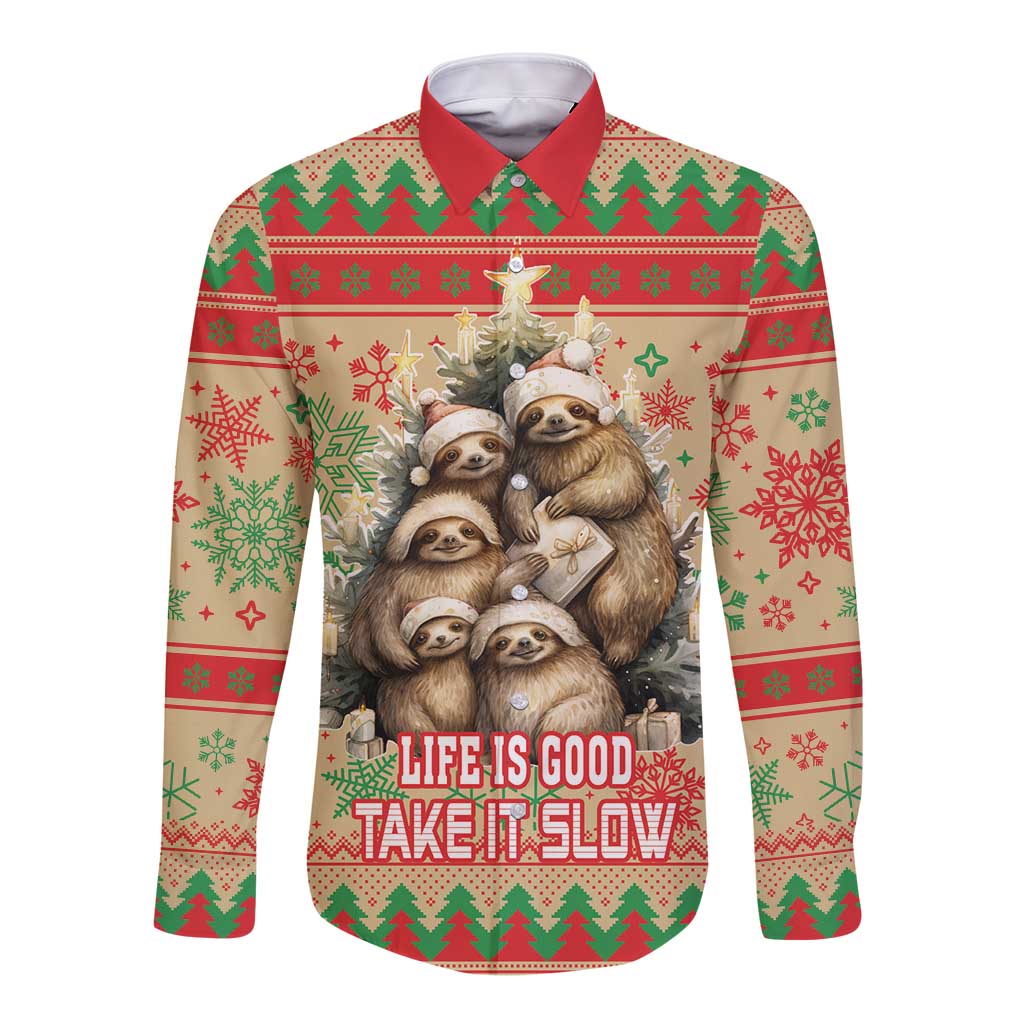 Red long-sleeve button shirt with sloth graphic and 'Life is good, take it slow'
