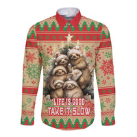 Red long-sleeve button shirt with sloth graphic and 'Life is good, take it slow'