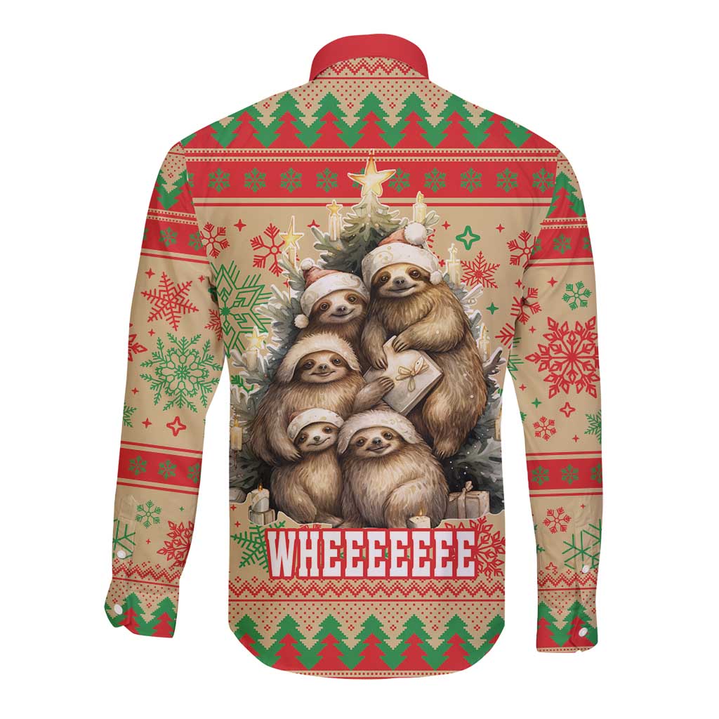 Red long-sleeve button shirt back with sloth graphic and 'WHEEEEEEE' text