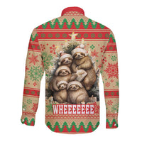 Red long-sleeve button shirt back with sloth graphic and 'WHEEEEEEE' text