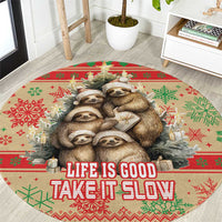 Red round Christmas rug with sloth graphic and 'Life is Good, Take It Slow' lettering