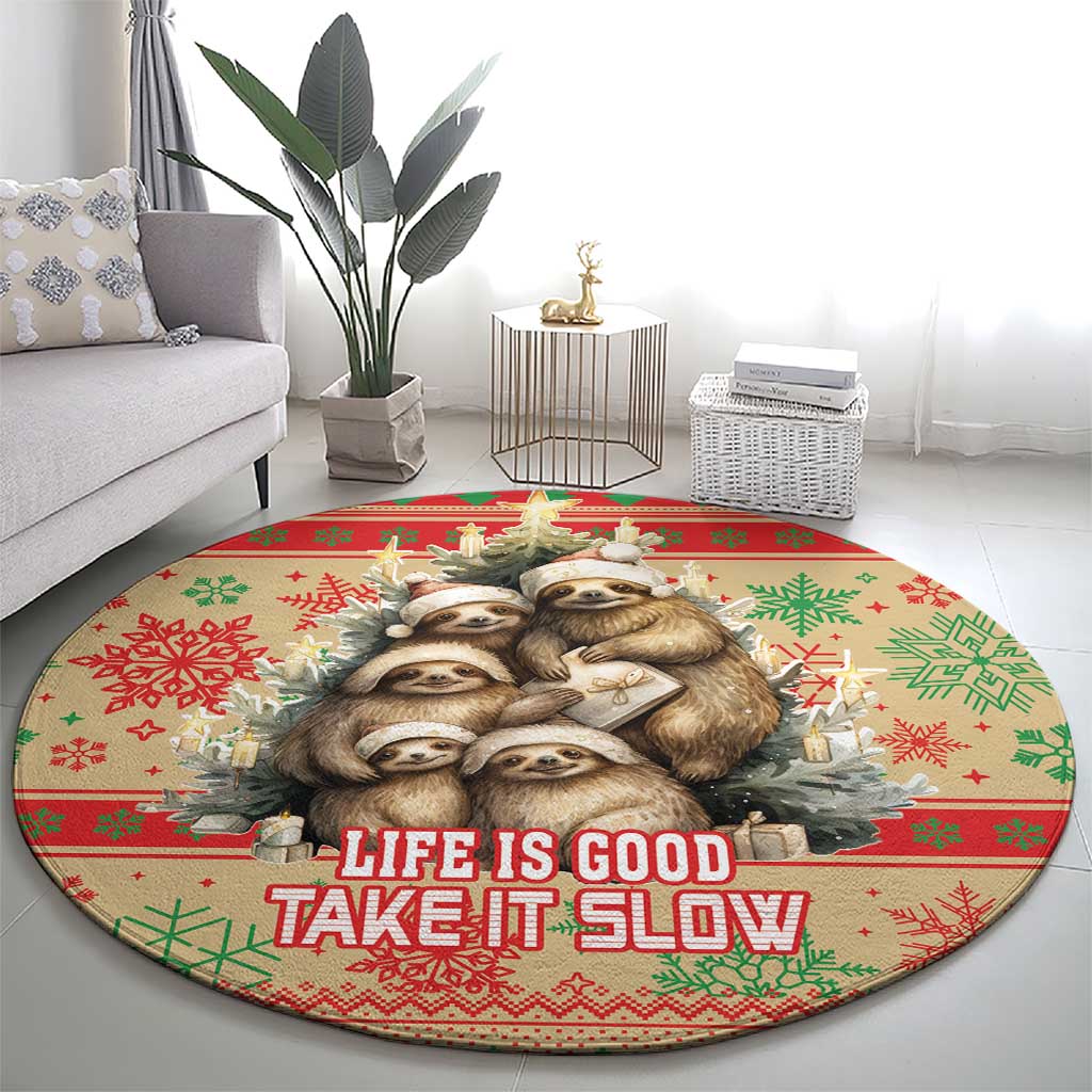Round Christmas rug in red with stacked sloth faces and 'Life is Good, Take It Slow'