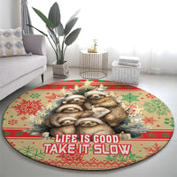Round Christmas rug in red with stacked sloth faces and 'Life is Good, Take It Slow'