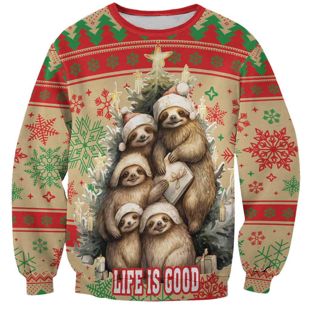 Unisex Christmas sweatshirt with sloth graphic, red and green holiday pattern, crew neck