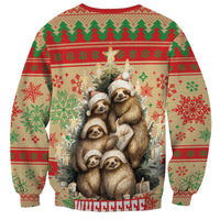 Unisex Christmas sweatshirt featuring stacked sloths in wreath scene, red and green knit design