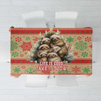 Sloth-themed red Christmas tablecloth with festive border and slogan text