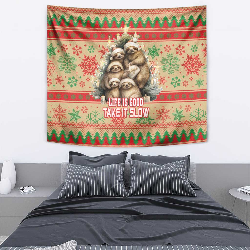 Christmas sloth tapestry with “Life is good, take it slow” and red-green holiday pattern