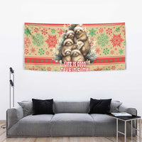 Hanging Christmas tapestry with sloth family, “Life is good, take it slow,” red-green design