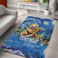Blue sloth area rug with starry swirl background and 'JUST DO IT later' text