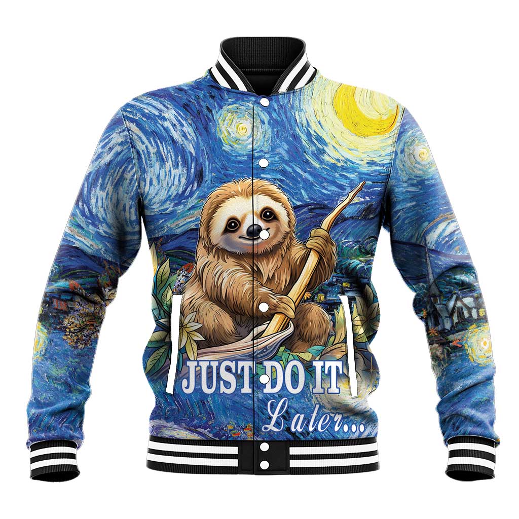 Blue baseball jacket with sloth starry art, ribbed collar/cuffs, snap front, 'Just do it'