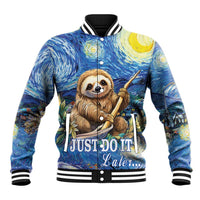 Blue baseball jacket with sloth starry art, ribbed collar/cuffs, snap front, 'Just do it'