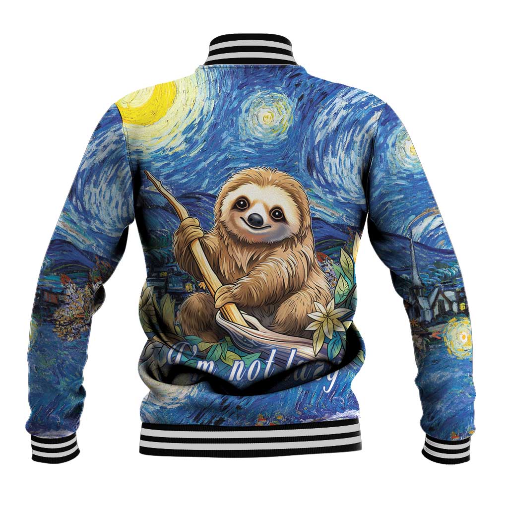 Blue baseball jacket back with sloth starry art, ribbed hem/cuffs, I'm not lazy text