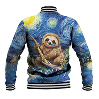Blue baseball jacket back with sloth starry art, ribbed hem/cuffs, I'm not lazy text
