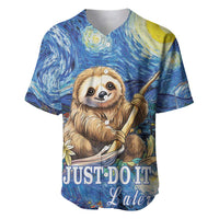 Blue baseball jersey with sloth holding leaf and starry night pattern