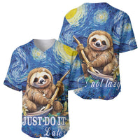 Blue baseball jersey showing front and back with sloth leaf graphic