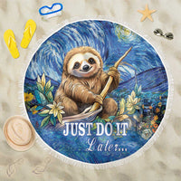 Round blue beach blanket with fringed border, sloth artwork with 'JUST DO IT Later...'