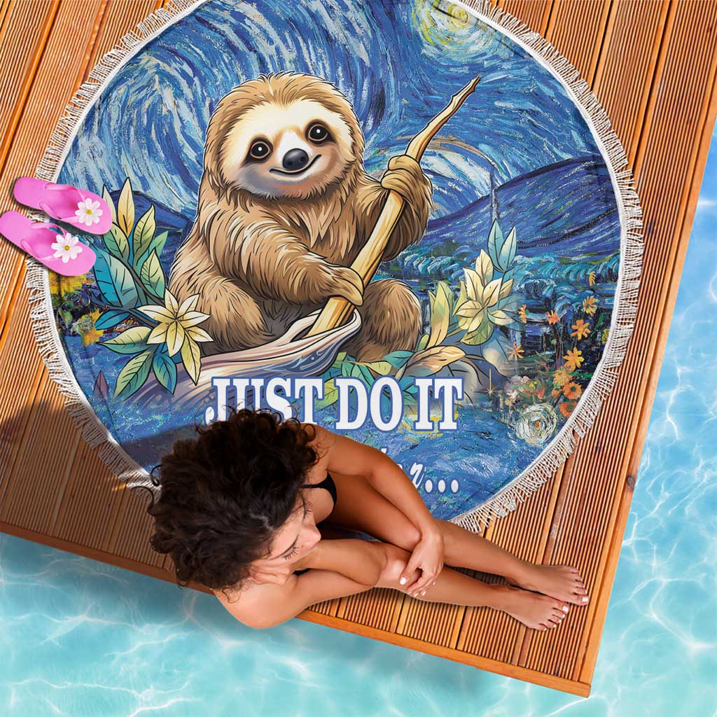 Round blue beach blanket with fringed edge, sloth graphic and 'JUST DO IT' text