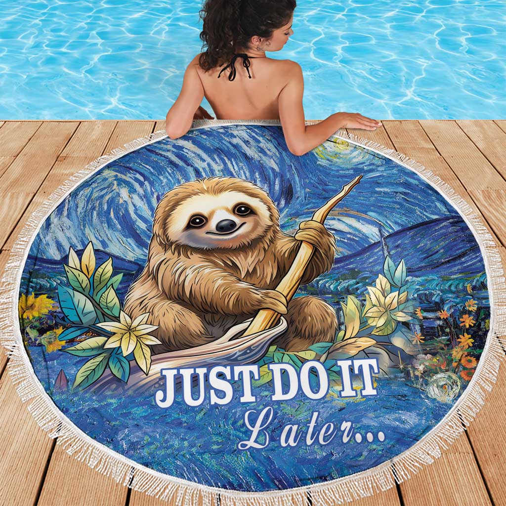 Round blue beach blanket with fringed edge, sloth with 'JUST DO IT Later' wording