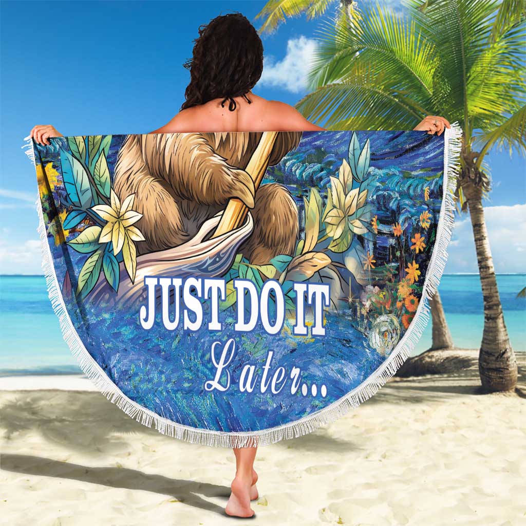 Round blue beach blanket with fringe, sloth design and 'JUST DO IT Later...' quote