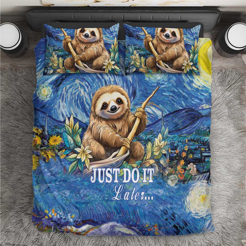 Blue sloth bedding set close-up with two pillows, swirl night-sky design, leaves, and “JUST DO IT Later”