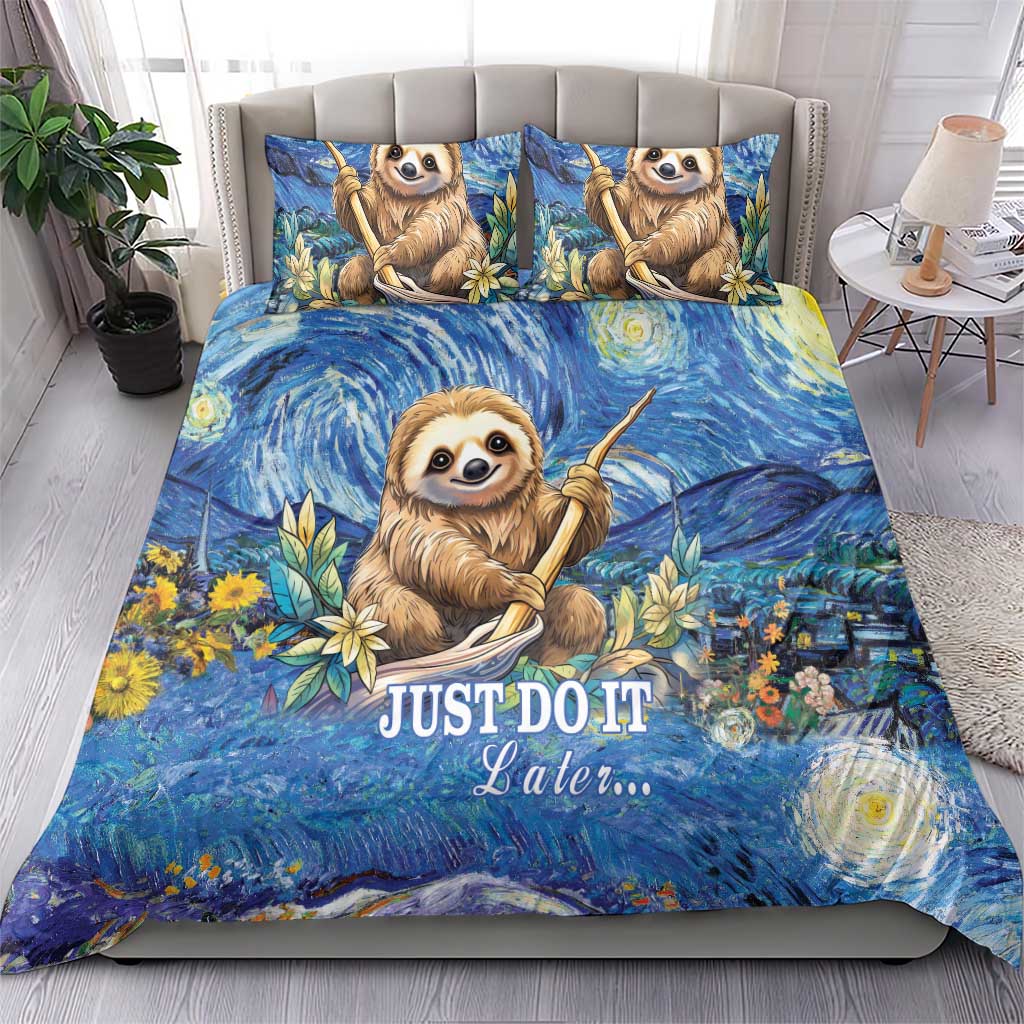 Blue sloth bedding set with two pillows, swirl night-sky artwork, jungle leaves, and “JUST DO IT Later”
