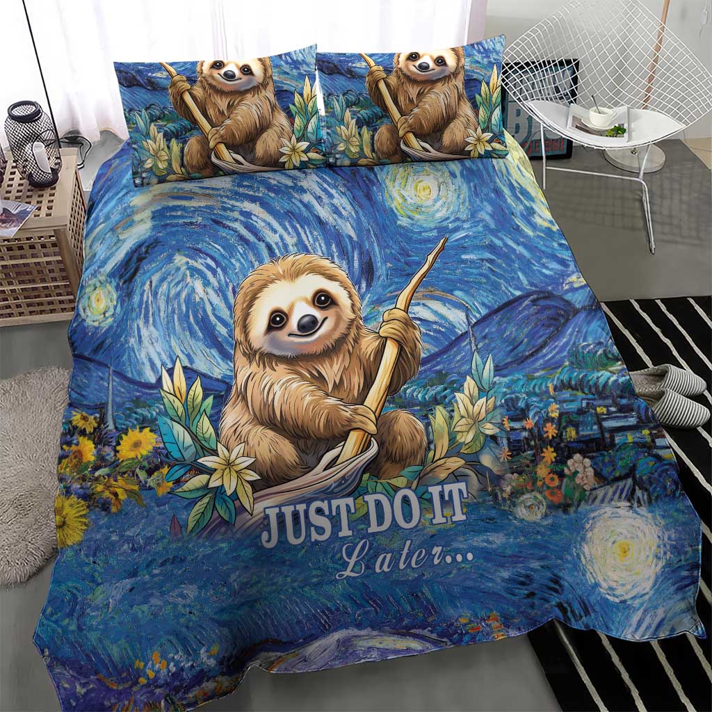 Blue sloth bedding set with swirl night-sky print, jungle leaves, and “JUST DO IT Later”