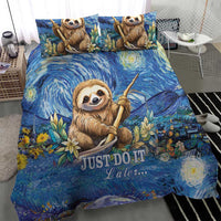 Blue sloth bedding set with swirl night-sky print, jungle leaves, and “JUST DO IT Later”