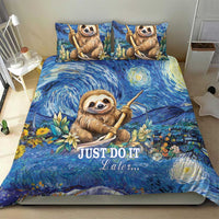 Blue sloth comforter and pillow set with ocean-sky swirl design, leaves, and “JUST DO IT Later”