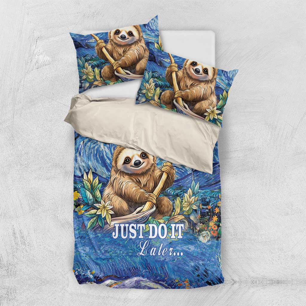 Blue sloth duvet cover and pillows set with swirl starry print, leaves, and “JUST DO IT Later”