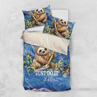 Blue sloth duvet cover and pillows set with swirl starry print, leaves, and “JUST DO IT Later”