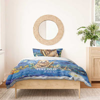 Blue sloth bedding set with matching pillow, swirl starry print, leaves, and “JUST DO IT Later”