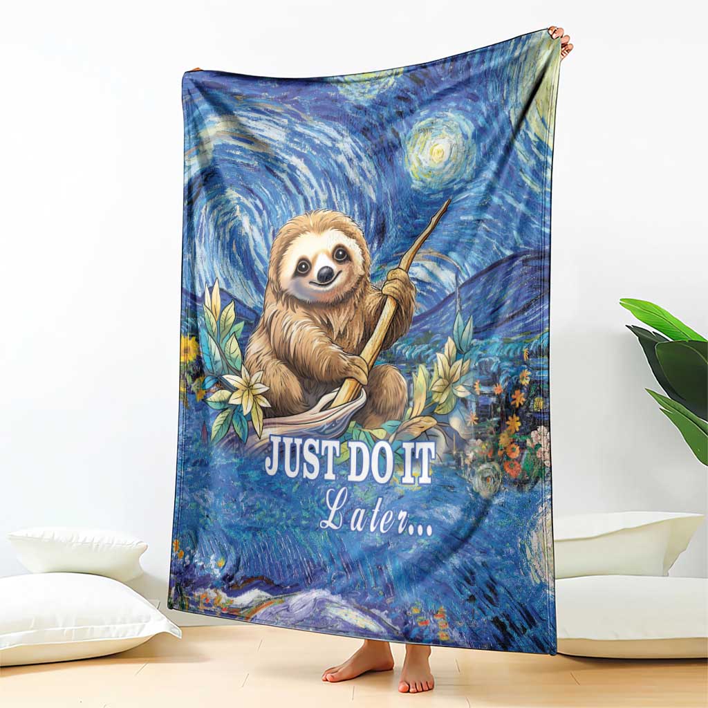 Blue sloth blanket with starry swirls, flowers, and "JUST DO IT Later..." print